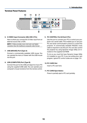 Page 1616
1. Introduction
Terminal Panel Features
COMPONENT
YCb/Pb Cr/Pr
AUDIO
AUDIO AUDIO
AUDIOL/MONO
S-VIDEO COMPUTER 1 AUDIO PC CARDUSB(COMPUTER)USB(MOUSE)
MONITOR OUT
COMPUTER 2 PC CONTROLR
L/MONO VIDEO R
7 810
6 9
11
6. S-VIDEO Input Connector (Mini DIN 4 Pin)
Here is where you connect the S-Video input from an
external source like a VCR.
NOTE: S-Video provides more vivid color and higher
resolution than the traditional composite video format.
7. USB (MOUSE) Port (Type A)
Connect a commercially available...