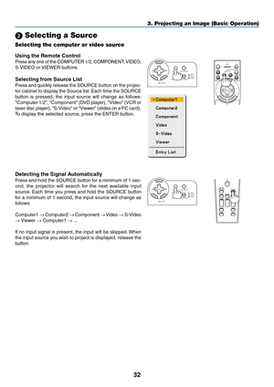 Page 3232
3. Projecting an Image (Basic Operation)
 Selecting a Source
Selecting the computer or video source
3D REFORMSOURCE
SELECT
STATUSLAMP 
PC CARD POWERON/STAND BY AUTO ADJUST
MENU
ENTERCANCELMENU
ENTERCANCEL
PJ
OFF
AUTO ADJ.
ON
SELECT
POWER
12 VIDEOS-VIDEOCOMPUTERCOMPONENT
Using the Remote Control
Press any one of the COMPUTER 1/2, COMPONENT, VIDEO,
S-VIDEO or VIEWER buttons.
Selecting from Source List
Press and quickly release the SOURCE button on the projec-
tor cabinet to display the Source list....