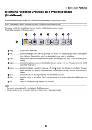 Page 4747
4. Convenient Features

 Making Freehand Drawings on a Projected Image
(ChalkBoard)
The ChalkBoard feature allows you to write and draw messages on a projected image.
NOTE: The ChalkBoard feature is available only when a USB three-button mouse is used.
To display or hide the ChalkBoard tool bar, click the middle button on your mouse.
The tool bar contains the following icons.
 Drag ................. Drags to move the tool bar.
 Pen ................... Left-click and drag to draw. Left-click 
 or...
