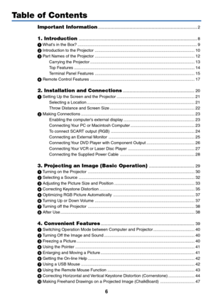 Page 66
Table of Contents
Important Information........................................................................2
1. Introduction......................................................................................8
 Whats in the Box? ........................................................................................................ 9
 Introduction to the Projector ....................................................................................... 10
 Part Names of the Projector...