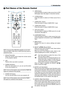 Page 1717
1. Introduction
 Part Names of the Remote Control
NOTE: If you are using a Macintosh computer, you can click
either the CANCEL (right-click) or ENTER (left-click) button to
activate the mouse.
1. Infrared Transmitter
Direct the remote control toward the remote sensor
on the projector cabinet.
2. LED
Flashes when any button is pressed.
3. POWER ON Button
When the main power is on, you can use this button
to turn your projector on.
NOTE: To turn on the projector, press and hold the POWER ON
button for...