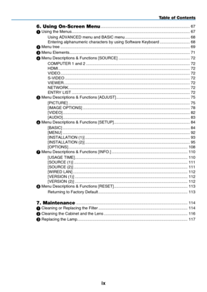 Page 11
x
Table of Contents
6. Using On-Screen Menu ........................................................................\
........67
 Using the Menus........................................................................\
..................................67
Using ADVANCED menu and BASIC menu   ..........................................................68
Entering alphanumeric characters by using Software Keyboard   ...........................68
 Menu tree...