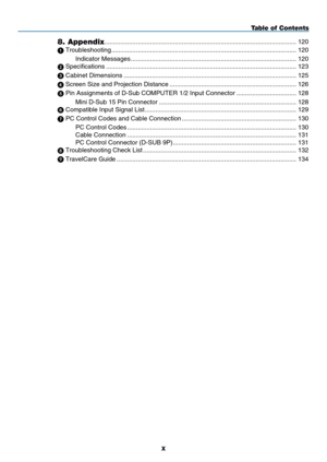 Page 12
x
Table of Contents
8. Appendix ........................................................................\
.....................................120
 Troubleshooting   ........................................................................\
.................................120
Indicator Messages   ........................................................................\
......................120
 Specifications  ........................................................................\...