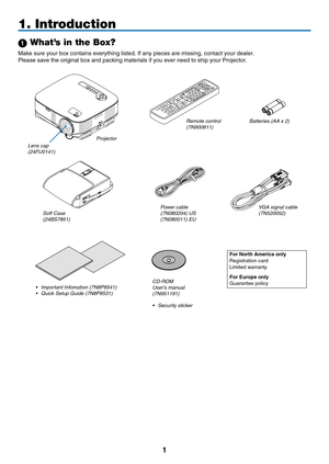 Page 13
1
1. Introduction
 What’s in the Box?
Make sure your box contains everything listed. If any pieces are missing\
, contact your dealer.
Please save the original box and packing materials if you ever need to s\
hip your Projector.
OFFCOMPUTERVIDEOABCDEFJKLGHIMNOTUVPQRSWXYZ.@/
S-VIDEOVIEWWRNETWORKHDMIPIP
MAGNIFYVOLUMEPICTURELAMP MODEASPECTAV-MUTE3D REFORMFREEZEID SETLENS SHIFTFOCUS/ZOOMHELP   
UPDOWNPAGE
CLEARMENUL-CLICKR-CLI CKENTEREXIT
11 2345 67809
23COMPONENTAUTO ADJ.POWER
ID
ID
lens cap
(24 f U0141)...