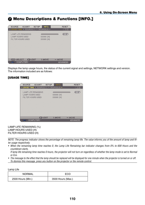 Page 122
110
6. Using On-Screen Menu
 Menu Descriptions & Functions [INFO.]
Displays the lamp usage hours, the status of the current signal and sett\
ings, NETWORK settings and version.
The information included are as follows:
[USAGE TIME]
 
LAMP  L IFE  R EMAINING (%)
L
AMP
 H
OURS
 U
SED
 (H)
F
ILTER
 H
OURS
 U
SED
 (H)
NOTE: The progress indicator shows the percentage of remaining lamp life. The value informs you of the amount of lamp and fil-
ter usage respectively.
•
  When  the  remaining  lamp  time...