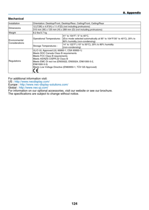 Page 136
1 4
8. Appendix
m
echan

cal
InstallationOrientation: Desktop/Front, Desktop/Rear, Ceiling/Front, Ceiling/Rear
Dimensions12.2"(W) x 4.9"(H) x 11.4"(D) (not including protrusions)
310 mm (W) x 125 mm (H) x 289 mm (D) (not including protrusions)\
Weight8.2 lbs/3.7 kg
EnvironmentalConsiderations
Operational Temperatures :41° to 104°F / 5° to 40°C,(Eco mode selected automatically at 95° to 104°F/35° to 40°\
C), 20% to80% humidity (non-condensing)
Storage Temperatures :14° to 122°F...