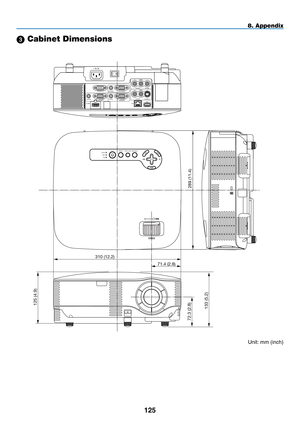 Page 137
1 5
8. Appendix
 Cabinet Dimensions
WIRELESS
WIRELESS
USBLAMPSTATUSSOURCEAUTO ADJUST3D REFORM
SELECT
VIDEO INAUDIO IN
USBLANAUDIO INHDMI INAUDIO INCOMPUTER /COMPONENT 2 INCOMPUTER /COMPONENT 1 IN
PC CONTROLMONITOR OUTAUDIO OUT
S-VIDEO INAUDIO IN
L/MONO
L/MONO
R
R
AC IN
289 (11.4)
125 (4.9)
310 (12.2)
71.4 (2.8)
72.3 (2.8)
133 (5.2)
Unit: mm (inch) 
