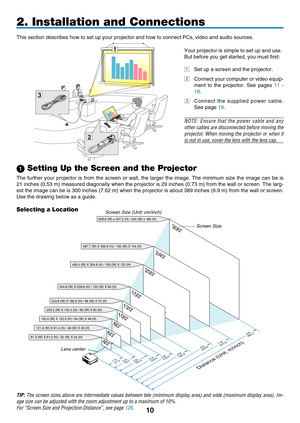 Page 22
10
300
240
200
150
120
100
60
80
40
1


This section describes how to set up your projector and how to connect P\
Cs, video and audio sources.
2. Installation and Connections
 Setting Up the Screen and the Projector
The  further  your  projector  is  from  the  screen  or  wall,  the  larger  the  image.  The  minimum  size  the  image  can  be  is 
21 inches (0.53 m) measured diagonally when the projector is 29 inches (0.73 m) from the wall or screen. The larg-
est the image can be is 300...