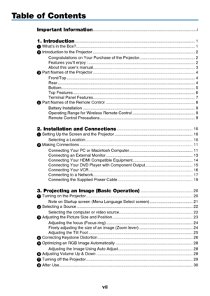 Page 9
v
Table of Contents
Important Information ........................................................................\
....................i
1. Introduction  ........................................................................\
..................................1
 What’s in the Box?........................................................................\
.................................1
 Introduction to the Projector...