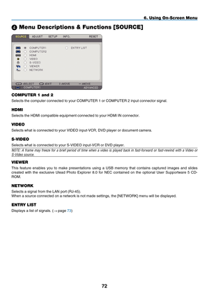 Page 84
7
6. Using On-Screen Menu
 Menu Descriptions & Functions [SOURCE]
COMPUTER 1 and 2
Selects the computer connected to your COMPUTER 1 or COMPUTER 2 input co\
nnector signal.
HDMI
Selects the HDMI compatible equipment connected to your HDMI IN connecto\
r.
VIDEO
Selects what is connected to your VIDEO input-VCR, DVD player or documen\
t camera.
S-VIDEO
Selects what is connected to your S-VIDEO input-VCR or DVD player.
NOTE:  A  frame  may  freeze  for  a  brief  period  of  time  when  a  video  is...