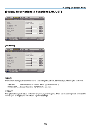 Page 87
75
6. Using On-Screen Menu
 Menu Descriptions & Functions [ADJUST]
[PICTURE]
[mODE]
This function allows you to determine how to save settings for [D ETAIL  S ETTINGS] of [P RESET] for each input.
STANDARD   ............Saves settings for each item of [ P RESET] (Preset 1 through 6)
PROFESSIONAL  .....Saves all the settings of [ P ICTURE] for each input. 
[pRESET]
This option allows you to adjust neutral tint for yellow, cyan or magenta. There are six factory presets optimized for 
various types of...