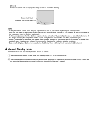 Page 3[Bottom]
Correct the bottom side on a projected image to level as shown the drawing.
Screen (solid line)
Projected area (dotted line)
NOTE:
•In the [Pincushion] screen, when the [Top] adjustment value is 0, adjustment of [Bottom] will not be possible* .
Also note that when the adjustment value of the [Top] is a small value (on the order of +5), there will be almost no change of
the image even when the [Bottom] is adjusted*.
•In [Pincushion] screen, when the [Bottom] adjustment value is less than “0”, a...