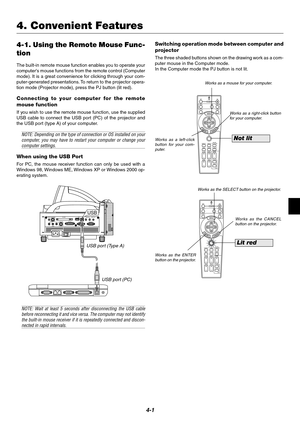 Page 294-1
4-1. Using the Remote Mouse Func-
tion
The built-in remote mouse function enables you to operate your
computers mouse functions from the remote control (Computer
mode). It is a great convenience for clicking through your com-
puter-generated presentations. To return to the projector opera-
tion mode (Projector mode), press the PJ button (lit red).
Connecting to your computer for the remote
mouse function
If you wish to use the remote mouse function, use the supplied
USB cable to connect the USB port...