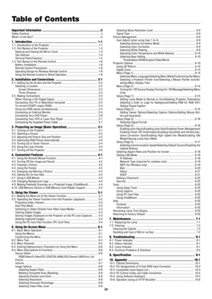 Page 8iv
Table of Contents
Important Information ..................................................... iiSafety Cautions .................................................................................................. ii
Whats in the Box? ............................................................................................ iii
1. Introduction ........................................................... 1-11-1. Introduction to the Projector...