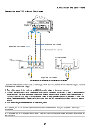 Page 3124
2. Installation and Connections
AUDIO INLRAUDIO OUTLRVIDEO OUTS-VIDEO VIDEO
PC CARD
AUDIO IN
RL
/MONOVIDEO INS-VIDEO IN DVI-I IN
COMPUTER IN MONITOR OUTDVI-I COMPUTERAUDIO IN AUDIO OUT PC CONTROL
REMOTE
INUSBAUDIO INVIDEO INS-VIDEO IN
Connecting Your VCR or Laser Disc Player
Audio equipment S-video cable (not supplied) Video cable (not supplied)
Audio cable (not supplied)
VCR/ Laser disc player
Use common RCA cables (not provided) to connect your VCR, laser disc player or document camera to your...