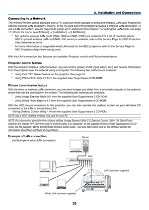 Page 3225
PC CARD
AUDIO IN
RL
/MONOVIDEO INS-VIDEO IN DVI-I IN
COMPUTER IN MONITOR OUTDVI-I COMPUTERAUDIO IN AUDIO OUT PC CONTROL
REMOTE
INUSB
Connecting to a Network
The WT615/WT610 comes standard with a PC Card slot which accepts a wired and wireless LAN card. Placing the
optional wireless LAN card (NWL-100A/E) in the PC card slot of the projector provides a wireless LAN connection. To
use a LAN connection, you are required to assign an IP address to the projector. For setting the LAN mode, see page
111 (From...