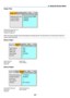 Page 134127
Usage Time
Remaining Lamp Time (%)
Lamp Hour Meter (H)
Projector Usage (H)
NOTE: The progress indicator shows the percentage of remaining lamp life. The value informs you of the amount of lamp and
projector usage respectively.
Source Page1
Input Terminal Signal Type
Video Type Source  Name
Entry No.
Source Page2
Horizontal Frequency Vertical Frequency
Sync Type Sync  Polarity
Interlace
6. Using On-Screen Menu 