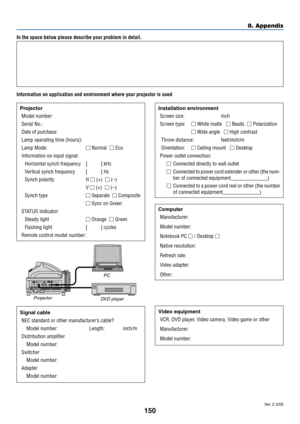 Page 157150
In the space below please describe your problem in detail.
Information on application and environment where your projector is used
Projector
Model number:
Serial No.:
Date of purchase:
Lamp operating time (hours):
Lamp Mode: Normal   Eco
Information on input signal:
Horizontal synch frequency [          ] kHz
Vertical synch frequency [          ] Hz
Synch polarity H  (+)   (–)
V  (+)   (–)
Synch type Separate   Composite
 Sync on Green
STATUS Indicator:
Steady light Orange   Green
Flashing...