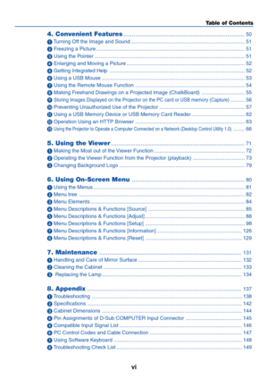 Page 7vi
Table of Contents
4. Convenient Features......................................................................50
 Turning Off the Image and Sound ............................................................................... 51
 Freezing a Picture ....................................................................................................... 51
 Using the Pointer ........................................................................................................ 51
 Enlarging and...