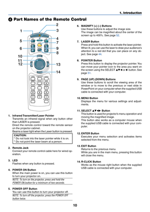 Page 1710
1. Introduction
 Part Names of the Remote Control
1. Infrared Transmitter/Laser  Pointer
Transmits an infrared signal when any button other
than LASER is pressed.
Direct the remote control toward the remote sensor
on the projector cabinet.
Beams a laser light when the Laser button is pressed.
CAUTION:
* Do not look into the laser pointer while it is on.
* Do not point the laser beam at a person.
2. Remote Jack
Connect your remote control cable here for wired op-
eration.
3. LED
Flashes when any...