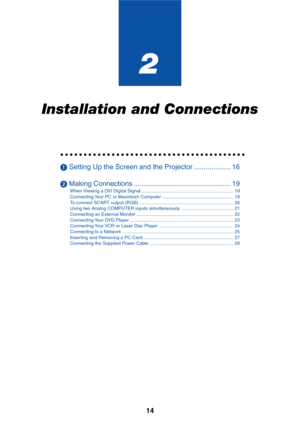 Page 2114
2
Installation and Connections
○○○○○○○○○○○○○○○○○○○○○○○○○○○○○○○○○○○○○○○○
 Setting Up the Screen and the Projector ................... 16
 Making Connections .................................................. 19
When Viewing a DVI Digital Signal ....................................................................... 19
Connecting Your PC or Macintosh Computer ....................................................... 19
To connect SCART output (RGB)...