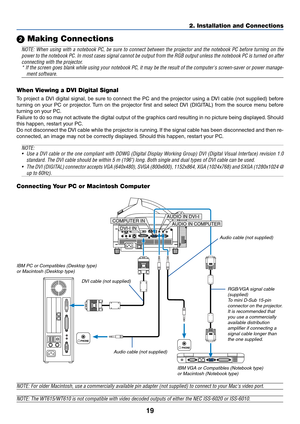 Page 2619
2. Installation and Connections
PC CARD
AUDIO IN
RL
/MONOVIDEO INS-VIDEO IN DVI-I IN
COMPUTER IN MONITOR OUTDVI-I COMPUTERAUDIO IN AUDIO OUT PC CONTROL
REMOTE
INUSB
PHONE
PHONE
DVI-I IN
COMPUTER INAUDIO IN COMPUTER
AUDIO IN DVI-I
 Making Connections
NOTE: When using with a notebook PC, be sure to connect between the projector and the notebook PC before turning on the
power to the notebook PC. In most cases signal cannot be output from the RGB output unless the notebook PC is turned on after...