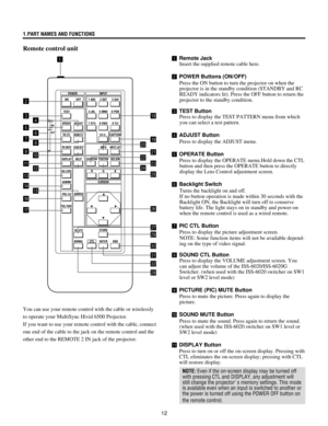 Page 1212
1.PART NAMES AND FUNCTIONS
Remote control unit
1Remote Jack
Insert the supplied remote cable here.
2POWER Buttons (ON/OFF)
Press the ON button to turn the projector on when the
projector is in the standby condition (STANDBY and RC
READY indicators lit). Press the OFF button to return the
projector to the standby condition.
3TEST Button
Press to display the TEST PATTERN menu from which
you can select a test pattern.
4ADJUST Button
Press to display the ADJUST menu.
5OPERATE Button
Press to display the...