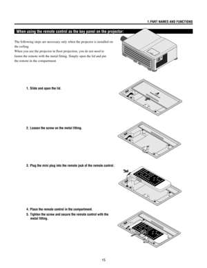 Page 15151.PART NAMES AND FUNCTIONS
When using the remote control as the key panel on the projector:
1. Slide and open the lid.
2. Loosen the screw on the metal fitting.
4. Place the remote control in the compartment.
5. Tighten the screw and secure the remote control with the
metal fitting. 3. Plug the mini plug into the remote jack of the remote control.Rem
ote Control UnitOPEN
 
@@ @@
€€ €€
ÀÀ ÀÀ
 
@@ @@
€€ €€
ÀÀ ÀÀ
 
@@ @@
€€ €€
ÀÀ ÀÀ
 
@@ @@
€€ €€
ÀÀ ÀÀ
 
@@ @@
€€ €€
ÀÀ ÀÀ
 
@@ @@
€€ €€
ÀÀ ÀÀ
 
@@ @@
€€...