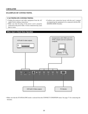 Page 2020
EXAMPLES OF CONNECTIONS.
CAUTIONS ON CONNECTIONS:
¥ Unplug the projector and other equipment from the AC
supply before making connections.
¥ Make sure that the plug of the power cord is properly
connected to the power outlet. A loose connection may cause
hum or noise.¥ Confirm your connection layout with the userÕs manual
accompanying the equipment to be connected with the ISS-
6020/ISS-6020G Switcher.
¥ Make sure that the STANDALONE mode is selected from the CONNECT CONDITION menu. See page 71 for...