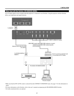 Page 21212.INSTALLATION
When Used with One Switcher (ISS-6020/ISS-6020G)
Up to 10 input signals can be accepted when the projector is connected to one Switcher. Using the projector with the Switcher
allows easy adjustment and signal selection.
¥ Make sure that the SW1 LEVEL mode is selected from the CONNECT CONDITION menu. See page 71 for the information in
detail.
¥ For more information on the Switcher, refer to the userÕs manual accompanying the ISS-6020/ISS-6020G Switcher.
¥ All cables mentioned above are...