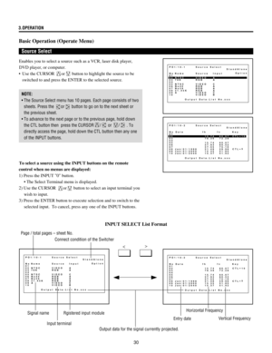 Page 3030
3.OPERATION
Basic Operation (Operate Menu)
Source Select
Enables you to select a source such as a VCR, laser disk player,
DVD player, or computer.
¥ Use the CURSOR 
or button to highlight the source to be
switched to and press the ENTER to the selected source.
NOTE:
¥ The Source Select menu has 10 pages. Each page consists of two
sheets. Press the 
or button to go on to the next sheet or
the previous sheet.
¥ To advance to the next page or to the previous page, hold down
the CTL button then  press the...