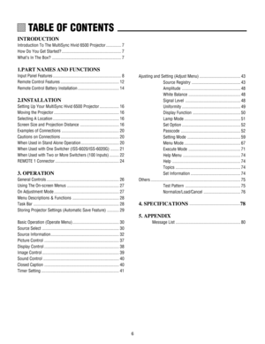 Page 66
123456
123456
123456
123456
123456
123456 TABLE OF CONTENTS.
INTRODUCTION
Introduction To The MultiSync Hivid 6500 Projector .............. 7
How Do You Get Started? ....................................................... 7
WhatÕs In The Box? ................................................................ 7
1.PART NAMES AND FUNCTIONS
Input Panel Features ............................................................... 8
Remote Control Features ...................................................... 12...