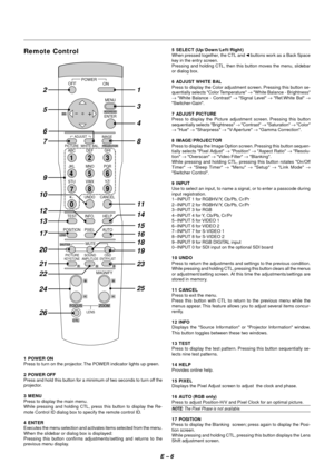 Page 13E – 6
Remote Control
1 POWER ON
Press to turn on the projector. The POWER indicator lights up green.
2 POWER OFF
Press and hold this button for a minimum of two seconds to turn off the
projector.
3 MENU
Press to display the main menu.
While pressing and holding CTL, press this button to display the Re-
mote Control ID dialog box to specify the remote control ID.
4 ENTER
Executes the menu selection and activates items selected from the menu.
When the slidebar or dialog box is displayed:
Pressing this...