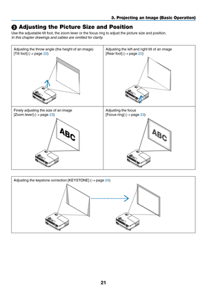 Page 3021
3. Projecting an Image (Basic Operation)
 Adjusting the Picture Size and Position
Use	the	adjustable	tilt	foot,	the	zoom	lever	or	the	focus	ring	to	adjust	the	picture	size	and	position.
In this chapter drawings and cables are omitted for clarity.
Adjusting the throw angle (the height of an image)
[Tilt	foot]	(→ page 22)Adjusting the left and right tilt of an image
[Rear	foot]	(→ page 22)
Finely	adjusting	the	size	of	an	image
[Zoom	lever]	(→ page 23)Adjusting the focus
[Focus	ring]	(→ page 23)...