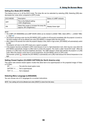 Page 6556
5. Using On-Screen Menu
Setting	Eco	Mode	[ECO	MODE]
This	feature	 turns	on	or	off	 the	 ECO	 mode. 	The	 lamp	 life	can	 be	extended	 by	selecting	 [ON].	Selecting	 [ON]	also	
decreases	fan	noise	when	compared	to	[OFF]	mode.
ECO MODE Description Status of LAMP indicator
OFF This is the Default setting
(100% Brightness). Off
ON Select this mode to increase the lamp life 
(approx. 90% Brightness.) Steady Green light
NOTE:
•	 The	 [LAMP	 LIFE	REMAINING]	 and	[LAMP	 HOURS	 USED]	can	be	checked	 in	[USAGE...