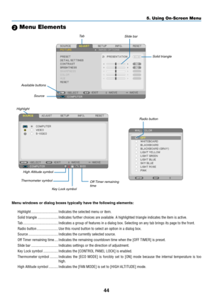 Page 5344
5. Using On-Screen Menu
 Menu Elements
Slide bar
Solid triangleTab
Radio button
High Altitude symbol
Menu	windows	or	dialog	boxes	typically	have	the	following	elements: Highlight ............................. Indicates the selected menu or item. 
Solid triangle ...................... Indicates further choices are available. A highlighted triangle indicate\
s the item is active. 
Tab ...................................... Indicates a group of features in a dialog box. Selecting on any tab brin\
gs its...