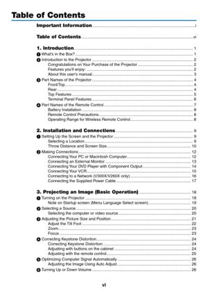 Page 8vi
Table of Contents
Important Information ........................................................................\
....................i
Table of Contents ........................................................................\
............................ vi
1. Introduction  ........................................................................\
.................................. 1
1 What’s in the Box?  ........................................................................\...