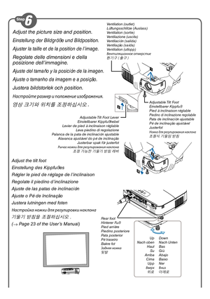 Page 4Adjust the tilt foot
Einstellung des Kippfußes
Régler le pied de réglage de l’inclinaison
Regolate il piedino d’inclinazione
Ajuste de las patas de inclinación
Ajuste o Pé de Inclinação
Justera lutningen med foten
Настро\bка ножки для ре\fулировки наклона
기울기 받침을 조절하십시오 .
(→  Page 23 of the User’s Manual)
Rear foot
Hinterer Fuß
Pied arrière
Piedino posteriore
Pata posterior
Pé traseiro
Bakre fot
Задняя ножка
뒷발
Up
Nach oben HautSu
Arriba Cima Upp
Вверх
위로
Down
Nach Unten
Bas
Giù
Abajo
Baixo
Ner
Вниз
아래로...