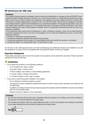 Page 4ii
Important Informat\cion
RF Interference \bfor USA only)
WARNING
