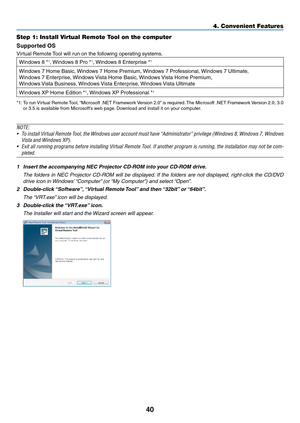 Page 5040
4. Convenient Feat\cures
Step 1: Install Virtual Remote Tool on the computer\c
Supported OS
	