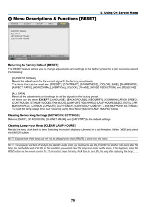 Page 8979
5. Using On-Screen Menu
❽ Menu \fescriptions \c& Functions [RESET]\c
Returning to Factory Default \fRESET]
