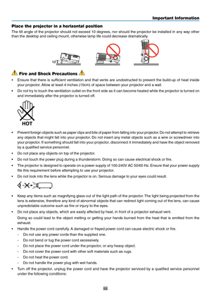 Page 5iii
Important Informat\cion
Place the projector in a horizo\cntal position
	