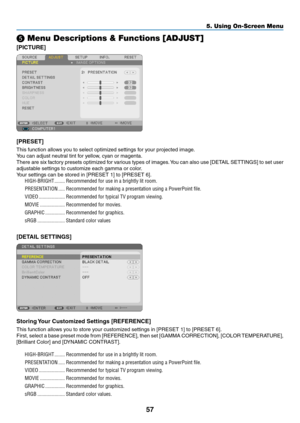 Page 6757
5. Using On-Screen Menu
❺ Menu \fescriptions \c& Functions [A\fJUST\c]
\fPICTURE]
\fPRESET]
