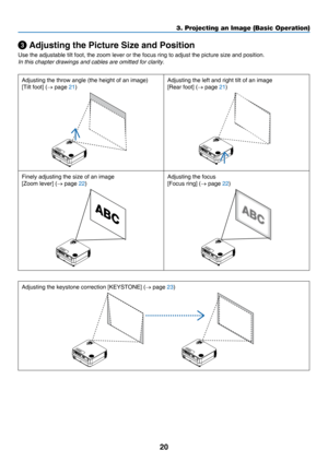 Page 2920
3. Projecting an Image (Basic Operation)
 Adjusting the Picture Size and Position
Use	the	adjustable	tilt	foot,	the	zoom	lever	or	the	focus	ring	to	adjust	the	picture	size	and	position.
In this chapter drawings and cables are omitted for clarity.
Adjusting	the	throw	angle	(the	height	of	an	image)
[Tilt	foot]	(→	page	21)
Adjusting	the	left	and	right	tilt	of	an	image
[Rear	foot]	(→	page	21)
Finely	adjusting	the	size	of	an	image
[Zoom	lever]	(→	page	22)
Adjusting	the	focus
[Focus	ring]	(→	page	22)...