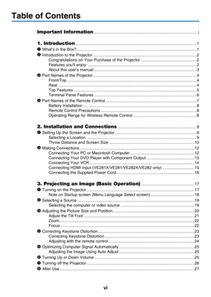 Page 8vi
Table of Contents
Important Information ............................................................................................i
1. Introduction ...........................................................................................................1
	What’s	in	the	Box? ..............................................................................\
............................1
	Introduction	to	the	Projector...