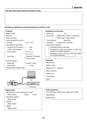 Page 8677
7. Appendix
In the space below please describe your problem in detail.
Information on application and environment where your projector is usedProjectorModel number:
Serial No�:
Date of purchase:
Lamp operating time (hours):
Eco Mode:   Off    On
Information on input signal:
Horizontal synch frequency [      ] kHz
Vertical synch frequency [     ] Hz
Synch polarity H  (+)  (−)
 V  (+)  (−)
Synch type  Separate  Composite
  Sync on Green
STATUS Indicator:
Steady light  Orange  Green
Flashing light [...