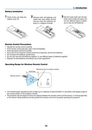 Page 1710
1. Introduction
30° 30°
Remote Control Precautions
•Handle the remote control carefully.
•If the remote control gets wet, wipe it dry immediately.
•Avoid excessive heat and humidity.
•If you will not be using the remote control for a long time, remove the batteries.
•Do not place the batteries upside down.
•Do not use new and old batteries together, or use different types of batteries together.
•Dispose of used batteries according to your local regulations.
Operating Range for Wireless Remote Control...