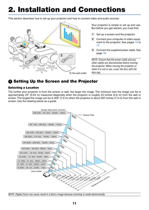 Page 1811
This section describes how to set up your projector and how to connect video and audio sources.
2. Installation and Connections
Your projector is simple to set up and use.
But before you get started, you must first:
zSet up a screen and the projector.
xConnect your computer or video equip-
ment to the projector. See pages 14 to
17.
cConnect the supplied power cable. See
page 18.
NOTE: Ensure that the power cable and any
other cables are disconnected before moving
the projector. When moving the...