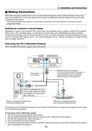 Page 2114
2. Installation and Connections
 Making Connections
NOTE: When using with a notebook PC, be sure to connect between the projector and the notebook PC before turning on the
power to the notebook PC. In most cases signal cannot be output from RGB output unless the notebook PC is turned on after
connecting with the projector.
*If the screen goes blank while using your remote control, it may be the result of the computers screen-saver or power
management software.
AC IN
PC CONTROLS-VIDEO INVIDEO...