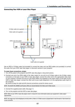 Page 2417
2. Installation and Connections
AUDIO INLRAUDIO OUTLRVIDEO OUTS-VIDEO VIDEO
AC IN
PC CONTROLS-VIDEO INVIDEO INCOMPUTER IN
AUDIOL/MONORAUDIO
S-VIDEO IN
VIDEO IN
AUDIO
Connecting Your VCR or Laser Disc Player
S-Video cable (not supplied)
Video cable (not supplied)
VCR/ Laser disc player
Audio equipment
Audio cable (not supplied)
Use an RCA or S-Video cable (not provided) to connect the video and use RCA cables (not provided) to connect
the audio from your VCR, laser disc player or document camera to...